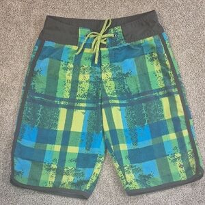 Columbia Blue & Green Plaid Kids Swim Shorts